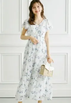 パール付きチェリー×リボンプリントネックリボンプリーツワンピース　ネイビー