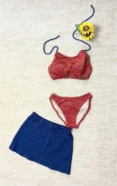 オシャレ水着　デニム風スカート　ビキニ　赤