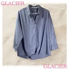 GLACIER ストライプ スキッパーシャツ 七分袖 ブルー