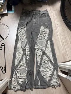 ダメージ加工 グレー ワイドレッグデニムパンツ