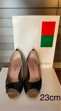 銀座かねまつ　パンプス　オープントゥ　ブラック　エナメル　23cm