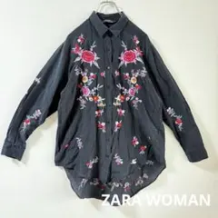 ザラウーマン ザラ　花柄総刺繍　ロングシャツ M 黒 フィッシュテール 2WAYのサムネイル