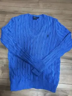 【美品】Polo RalphLauren Vネック ケーブルニット ブルー L