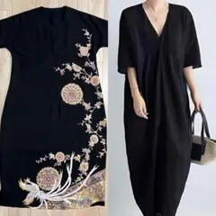 No.109 Vネックコクーンシルエットワンピース 正倉院花丸文　鳳凰　刺繍金彩