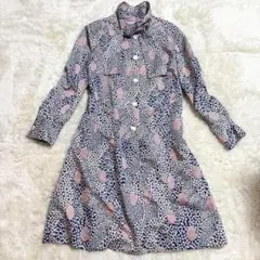 【一点物】昭和レトロ 青白紫 小花柄 ボウタイ ワンピース ヴィンテージ