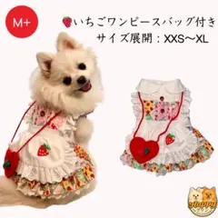 【犬用ドレス】いちご柄×レースフリル×ミニバッグ付き M+サイズ