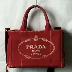 極美品PRADA カナパ風 トートバッグ レッド キャンバス 2WAY 三角ロゴ