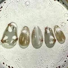 ネイルチップオーダー受付中　お花×マグフレンチデザイン10本セット　現品即購入可