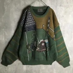 【ニット】刺繍デザイン アニマル ラグビー モヘア混 ワッペン L セーター