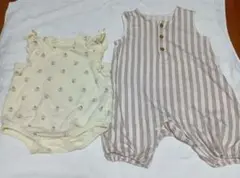 フリル付き花柄と赤のストライプロンパース 70サイズ　合計2枚