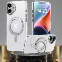 iPhone 16 ケース クリアｘシルバー MagSafe対応 360°回転