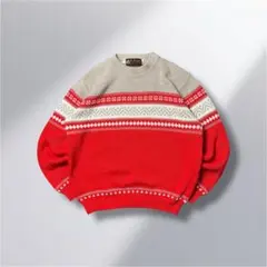 80~90's'USA製ノルディック柄セーターL短丈赤セーター薄手コットンニット