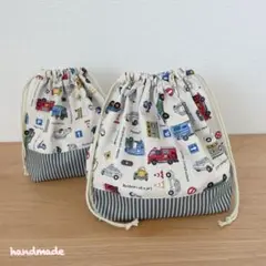 ハンドメイド　お弁当袋＆コップ袋　働く車♪乗り物生成り×ヒッコリー風ストライプ