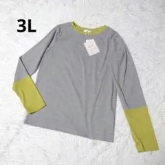 新品 大きいサイズ 3L テレコ 袖 配色 指穴付き バイカラートップス グレー