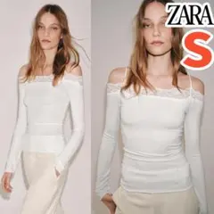 新品✨ ZARA オフショルダーTシャツ 白色 S レース【希少】