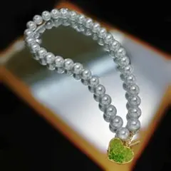 新品未使用　12mmパール真珠ネックレス光沢贅沢感　緑水晶宝石アクセサリー装身具