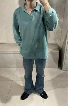 L.L.Bean 長袖ポロシャツ L 水色系 USA製