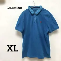 LANDS' END 半袖ポロシャツ XL ブルー チェック襟　ハイビスカスのサムネイル