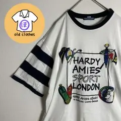 刺繍　腕ボーダー　アニマルロゴ　Tシャツ　半袖　首裏刺繍　こだわり　白　紺　古着のサムネイル