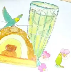 和栗モンブラン　インコ　冷茶　ビオラ　イラスト　ポストカード　⚠原画では無い