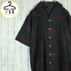 【シャドー】総柄オープンカラーシャツ 開襟シャツ 花柄 ダークカラー M【希少】