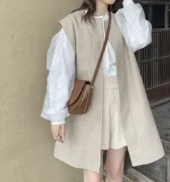 リネン風ベージュノースリーブベスト