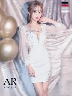 未使用品に近い　AngelR　ホワイトビジュー装飾ナイトドレス AngelR ホワイト ビジュー装飾 シースルー 長袖 ミニドレス キャバ