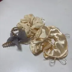 アイボリー サテン シュシュ 3点セット