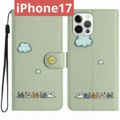 手帳型スマホケースiPhone17（ネコのお散歩/グリーン)フリップケースi73