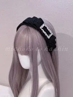 チェック×スクエアラインストーン リボンカチューシャ black