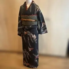 小紋着物 蝶と葉模様 着物セット（洗える着物7点セット）