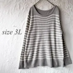 長袖ニット 3L ボーダー グレー ゆったりサイズ 丸首 1094