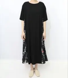 イズスカラー　552264：花とキツネ柄 サイド切替ランダムリブワンピース