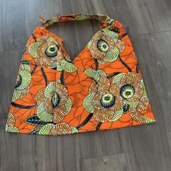 アフリカン　オレンジ花柄　ショルダーバッグ　あずま袋トートバッグ