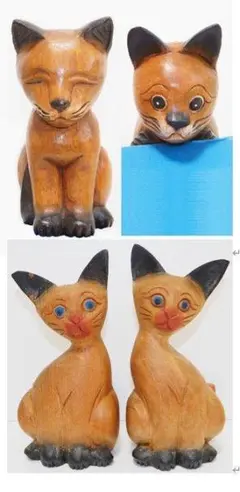 最終価格　木彫り猫　おすまし＆のぞき猫＆シャムネコペア