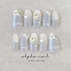ソラ様専用 ブルーグレーハートホロ フレンチ ワンホンネイルチップ