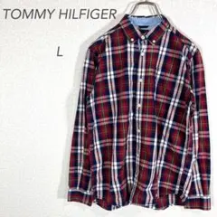 トミーヒルフィガー/長袖シャツ/赤/チェック/ボタンダウンカジュアル/綿100