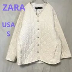 【ZARA】ノーカラーキルティングジャケット(USA S)綿混♡ゆったり白系