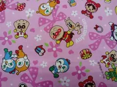 アンパンマンハギレ生地端切れピンクオックスフォード綿100%リボン