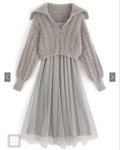 GRL☆新品 シャギーニットジップトップス×チュールワンピースセットアップ