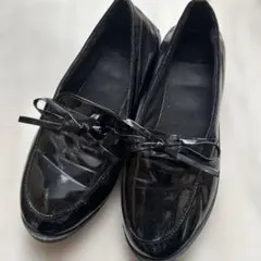 リボン付き　フラットシューズ　ローファー　ブラック　37サイズ