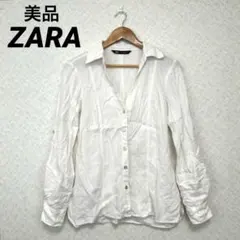 美品【ZARA】 リネン袖切替2wayシャツXS ホワイト ゴールドボタン