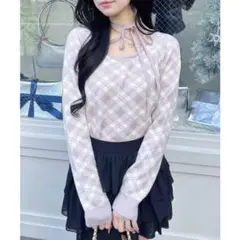 クロスチョーカーチェック柄長袖ニット