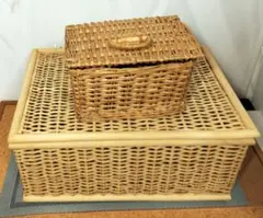 ラタン 蓋付きバスケットセット