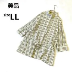美品　七分袖チュニックLL 　緑系ストライプ　ロールアップ　綿100% 　中国製