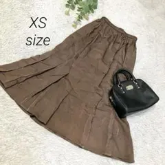 フレアスカート　ミモレ丈　ブラウン　ＸＳ相当　ウエスト総ゴム