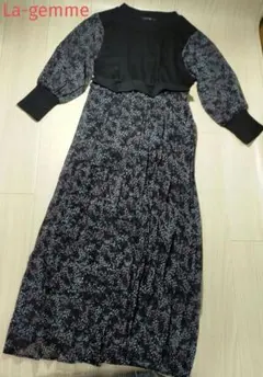 La-gemmeラジエム　異素材ドッキングプリーツワンピース　M ブラック　花柄