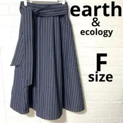 earth ネイビーと白ストライプ フレアスカート ウエストゴム　Fサイズ