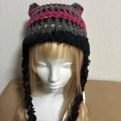 猫耳ニット帽　ハンドメイド　ビーニー　ピンク　グレー　ブラック