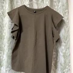ブラウン フリル袖 Tシャツ　ユニクロ　Lのサムネイル